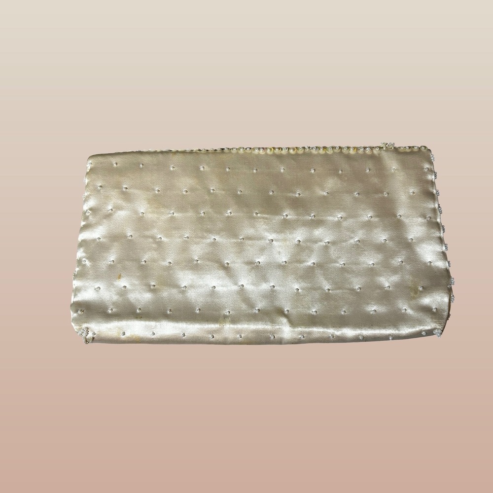 Unbranded Beaded Satin Clutch Women OS Ivory Fair Vintage Sequin Envelope Bag